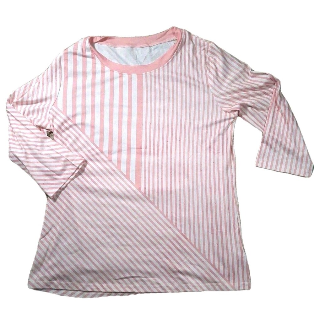 Pink White Striped Shirt Women's Size Large Long Sleeve Polyester Knit Top Blous